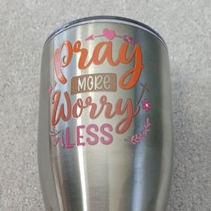 Stainless Steel Travel Tumbler Silver NWOT 32oz Pray More Worry Less Orange Pink
